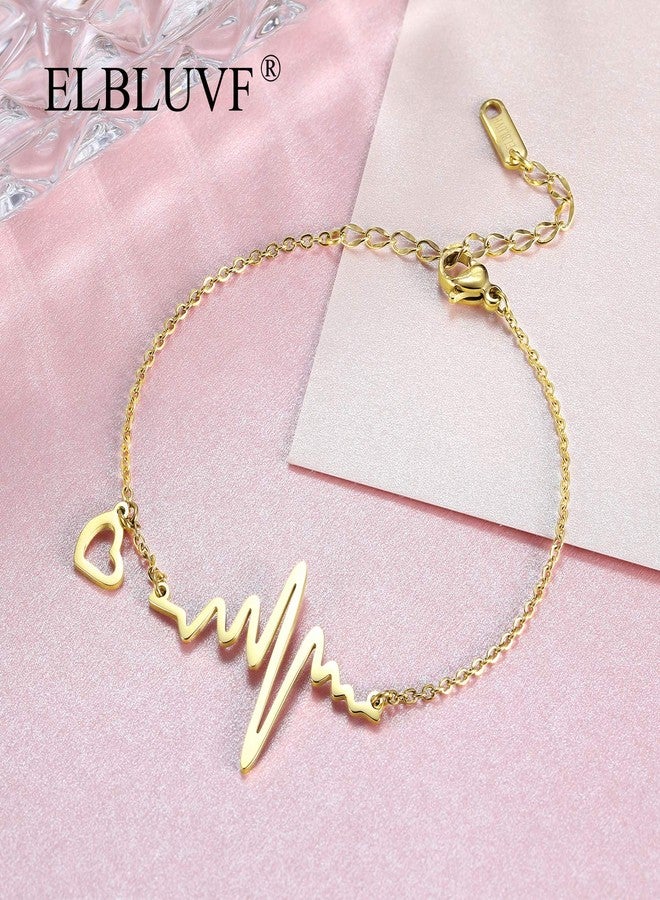ELBLUVF Stainless Steel 18k Rose Gold Plated EKG Heartbeat Love Cardiogram Adjustable Bracelet Jewelry for Women 3 Colors (Gold) - Image 4