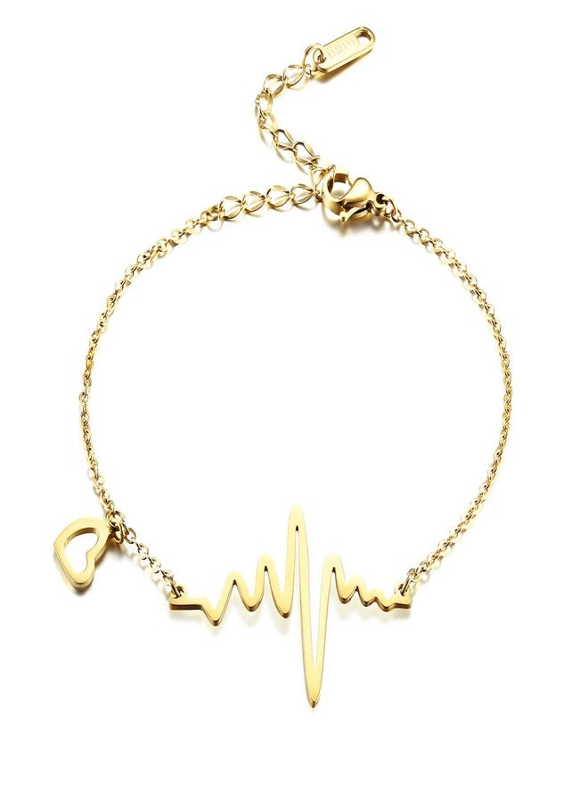 ELBLUVF Stainless Steel 18k Rose Gold Plated EKG Heartbeat Love Cardiogram Adjustable Bracelet Jewelry for Women 3 Colors (Gold) - Image 1