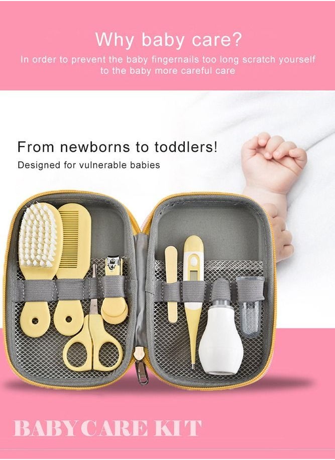 ULHYC - 8-Piece Baby Care Kit with ThermometerNasal Aspirator Toothbrush Emery Board, Nail Clipper, Scissor, Brush and Comb Portable Essential Daily Care Bathing Tool for Toddler Infant Yellow - Image 1