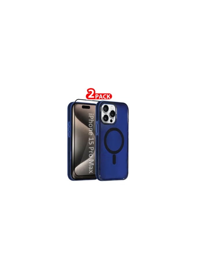 CATANES (for iPhone 15 Pro Max) 2Packs Hard PC Magsafe Case Cover Polycarbonate Magnetic Strong Shockproof Protective Case Cover Transparent - Dark Blue Color - Image 1
