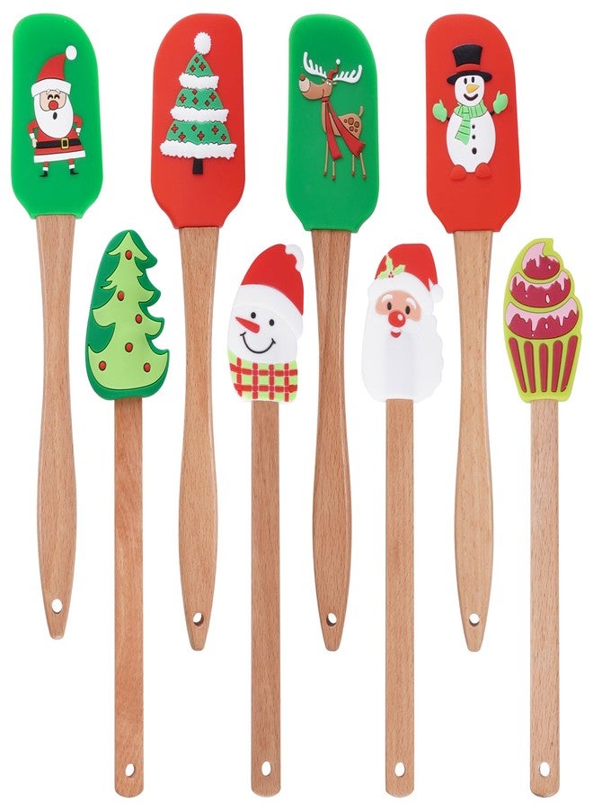 SUMERSHA 8Pcs Christmas Silicone Spatula Xmas Cake Spatula with Wooden Handle Snowmen Christmas Tree Santa Claus Pattern Cake Decorating Kitchen Mixing Cooking Spatulas - Image 1