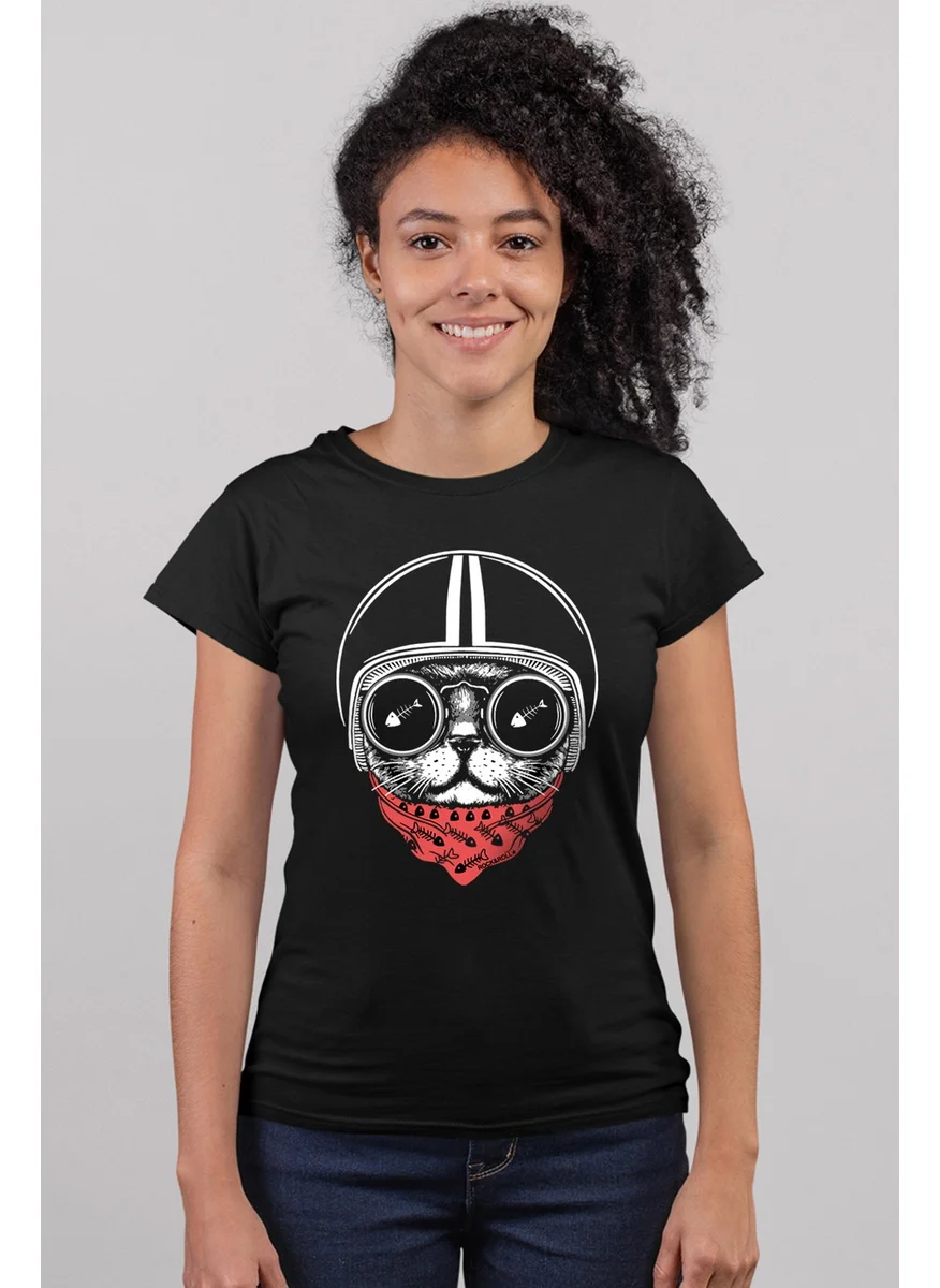 Rock&Roll Helmet Cat Black Short Sleeve Women's T-Shirt