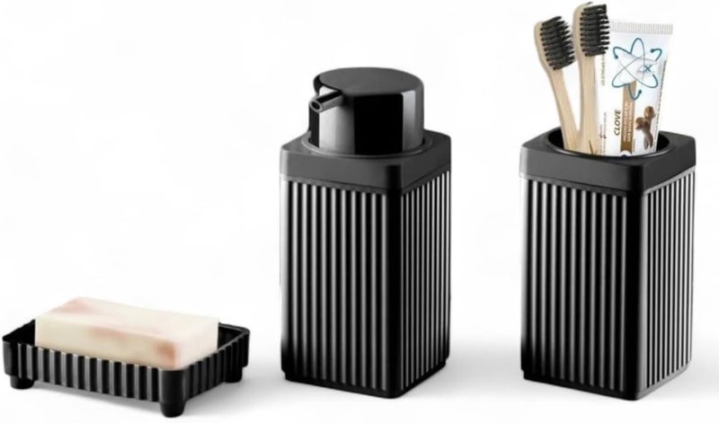 3-Piece Bathroom Accessory Set with Liquid Soap Dispenser Pump, Solid Soap Holder, and Toothbrush Stand – Square Black Plastic Design for Bathroom and Kitchen Use - Image 2
