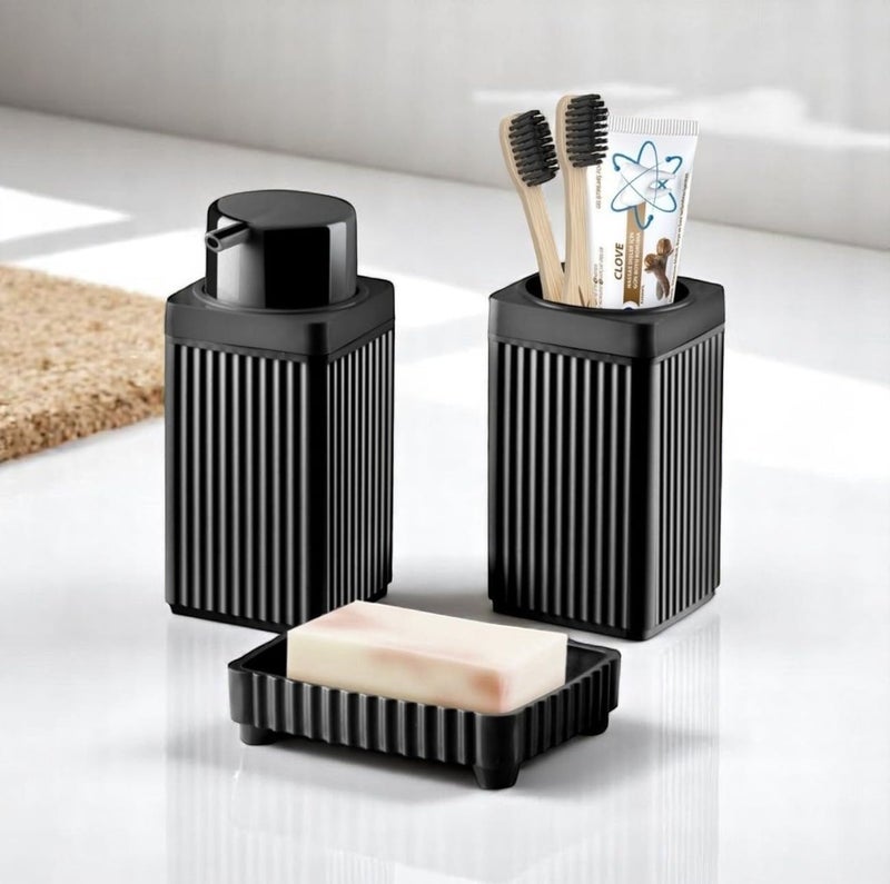 3-Piece Bathroom Accessory Set with Liquid Soap Dispenser Pump, Solid Soap Holder, and Toothbrush Stand – Square Black Plastic Design for Bathroom and Kitchen Use - Image 1