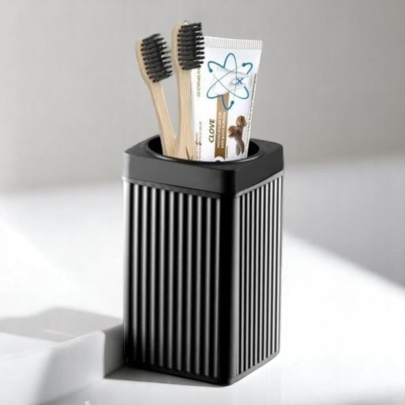 3-Piece Bathroom Accessory Set with Liquid Soap Dispenser Pump, Solid Soap Holder, and Toothbrush Stand – Square Black Plastic Design for Bathroom and Kitchen Use - Image 3