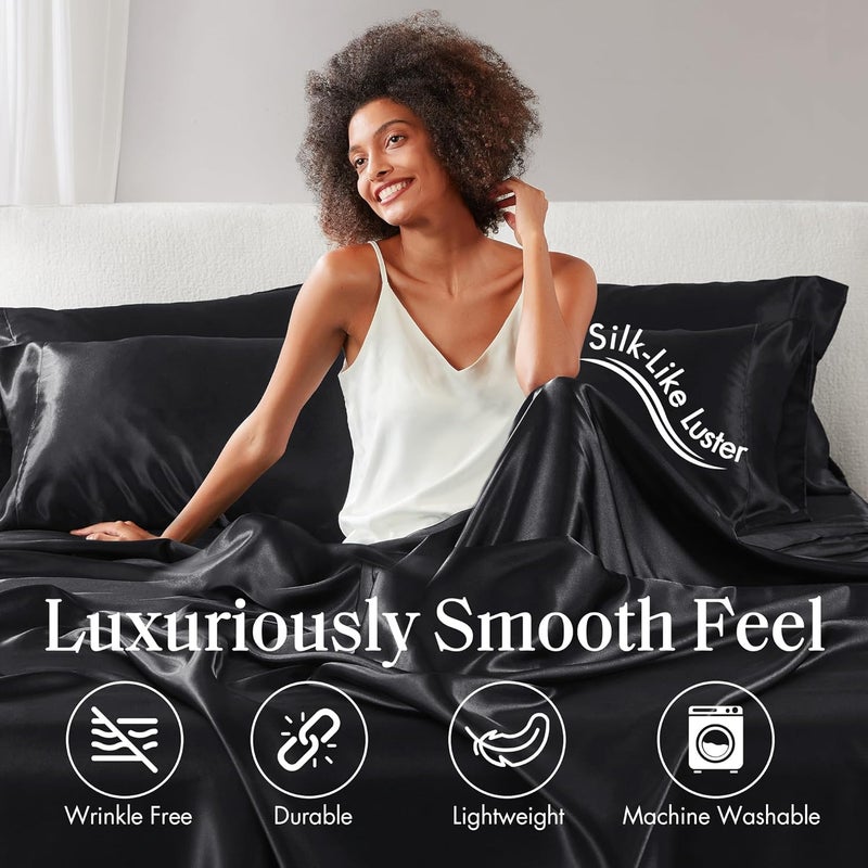 Madison Park Satin Wrinkle-Free Luxurious and Silky 6 Piece Sheet Set, Queen Size, Black - Image 4