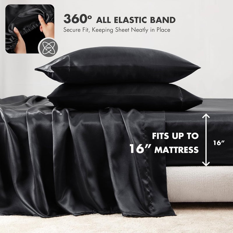 Madison Park Satin Wrinkle-Free Luxurious and Silky 6 Piece Sheet Set, Queen Size, Black - Image 5