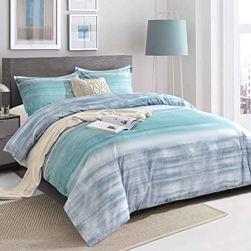 Faincy King Size Comforter Set, Blue, Grey and Teal Striped Pattern Print Reversible Down Alternative Bed Sets - 104 x 90 3PC Soft Microfiber Duvet Sets Modern Abstract Bedding in a Bag for Women Men, Gray - Image 2