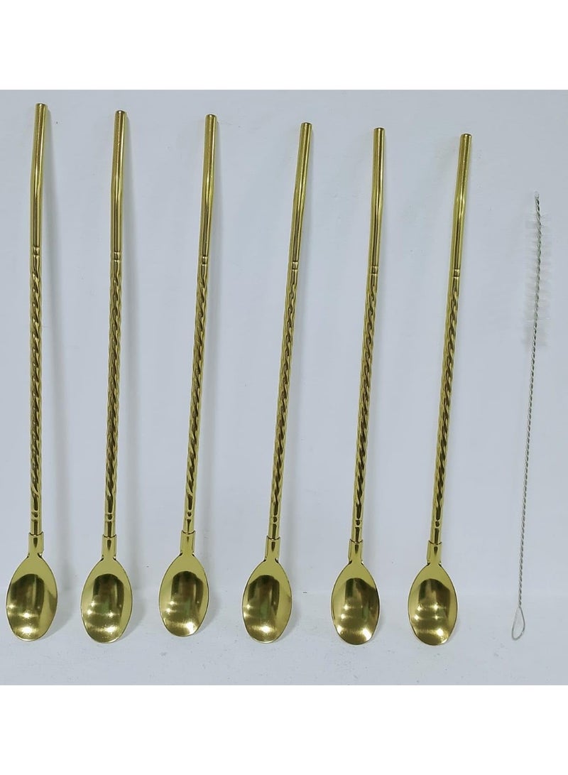 6-Piece 2-in-1 Stainless Steel Straw Spoons Set - Long Handle Reusable Drinking Spoons for Milkshakes & Iced Tea - Includes Cleaning Brush - Premium Gold Finish - Image 1