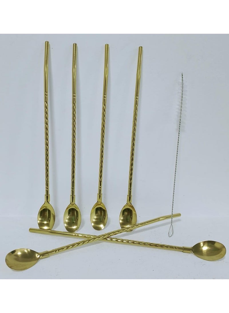 6-Piece 2-in-1 Stainless Steel Straw Spoons Set - Long Handle Reusable Drinking Spoons for Milkshakes & Iced Tea - Includes Cleaning Brush - Premium Gold Finish - Image 2