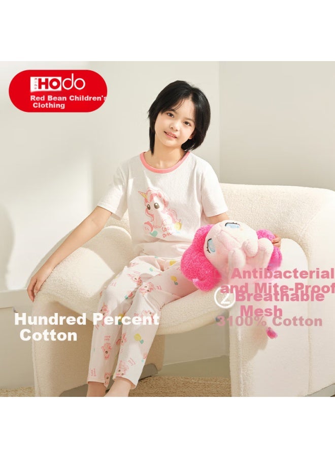 Red Bean Children'S Cotton Home Wear Short Sleeve Set Boys And Girls Summer Thin Air Conditioning Clothes J3356 Rosa Pink 165 - Image 1