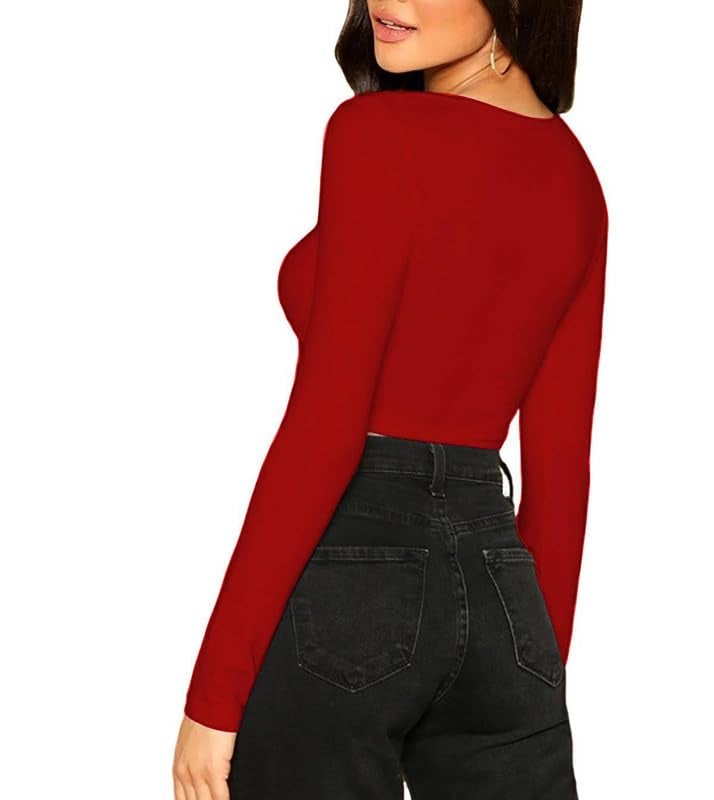 JOVO Readymade Cotton Fitted Saree Blouse for Women Full Sleeve Square Round U Neck Regular fit Stretchable Pullon Western Stylish Crop Top NJ20 1059 M RED - Image 2