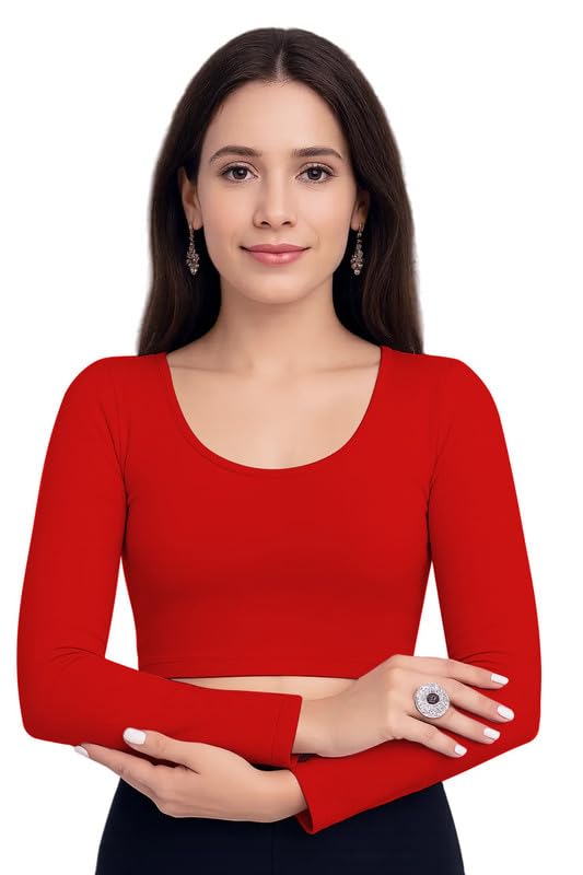 JOVO Readymade Cotton Fitted Saree Blouse for Women Full Sleeve Square Round U Neck Regular fit Stretchable Pullon Western Stylish Crop Top NJ20 1059 M RED - Image 4