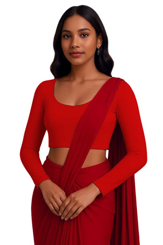 JOVO Readymade Cotton Fitted Saree Blouse for Women Full Sleeve Square Round U Neck Regular fit Stretchable Pullon Western Stylish Crop Top NJ20 1059 M RED - Image 3