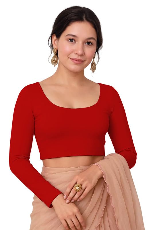 JOVO Readymade Cotton Fitted Saree Blouse for Women Full Sleeve Square Round U Neck Regular fit Stretchable Pullon Western Stylish Crop Top NJ20 1059 M RED - Image 1