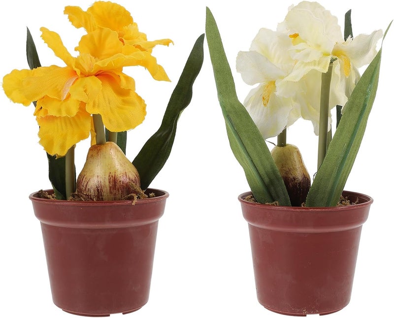 Roleader 2pcs Mini Potted Faux Flower Plants Yellow White Indoor Garden Ornament for Home Office Table Display - Image 1