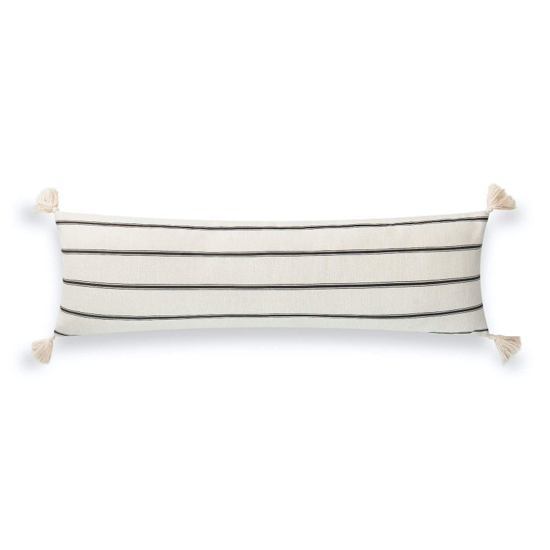 Hofdeco Premium Hofdeco Premium Modern Boho Moroccan Indoor Outdoor Body Lumbar Pillow Cover ONLY for Bed Backyard Couch Sofa Black White Stripe Tassels 12x40