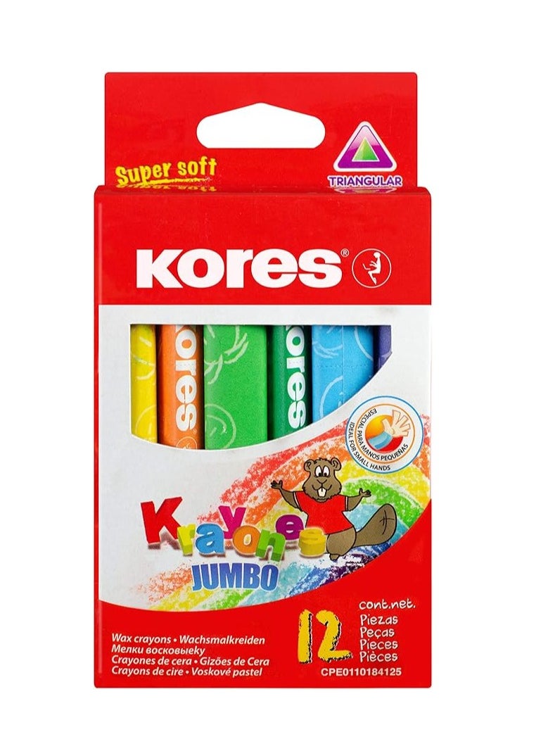 Kores Krayones Wax Crayons, Jumbo Size 14MM, Triangular, Box of 12 Assorted Colours  - Image 1