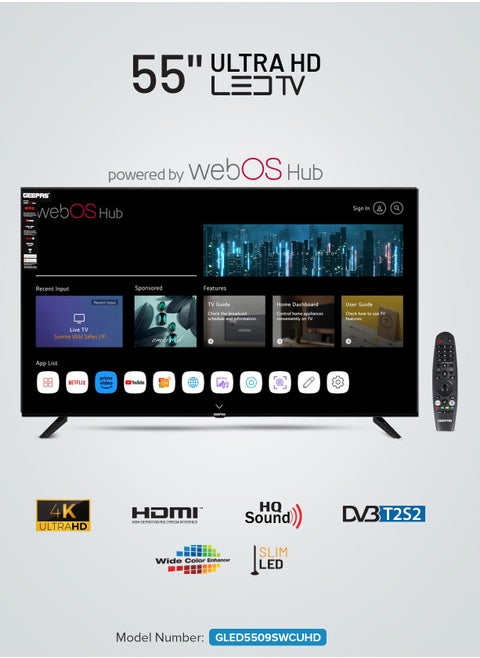 55" Ultra HD Smart LED TV with Remote Control, WebOS Powered, 4K Resolution, Frameless Design, HQ Sound /Support Wi-Fi, Android, Multiple HDMI & USB Ports, Voice Control Compatible, / Smart Features with Netflix, Prime Video, and More, Dolby Audio