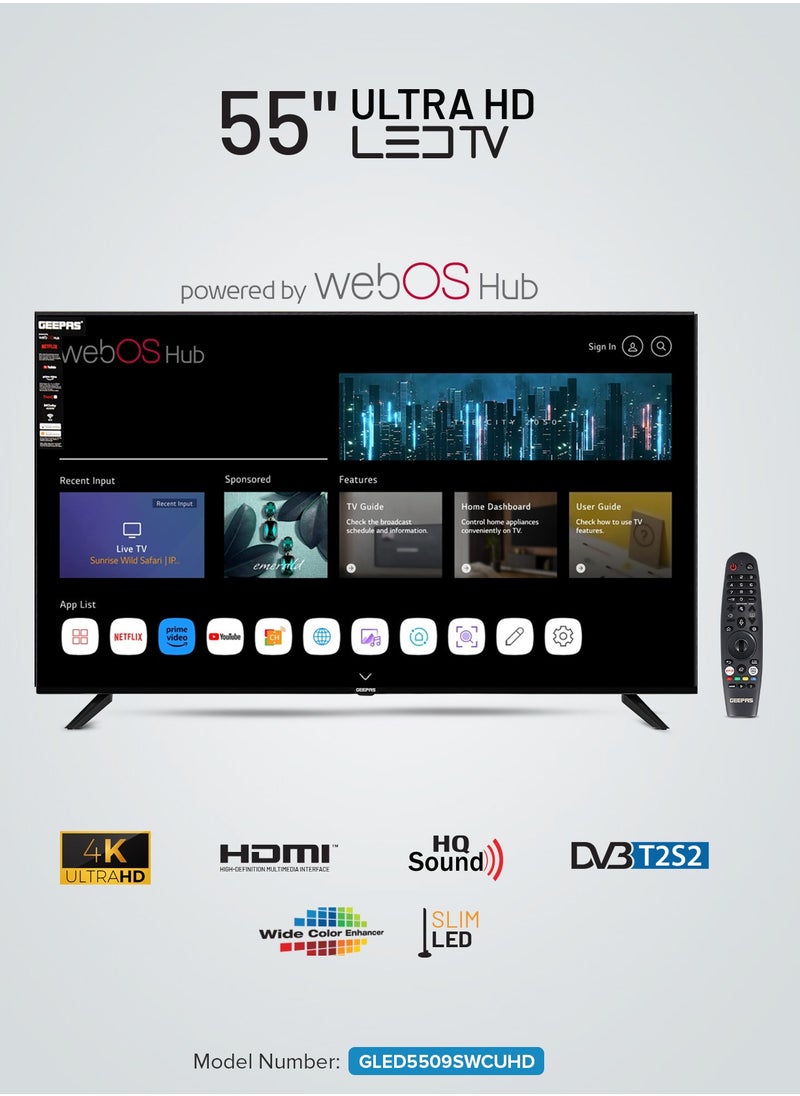 GEEPAS - 55" Ultra HD Smart LED TV with Remote Control, WebOS Powered, 4K Resolution, Frameless Design, HQ Sound /Support Wi-Fi, Android, Multiple HDMI & USB Ports, Voice Control Compatible, / Smart Features with Netflix, Prime Video, and More, Dolby Audio - Image 1