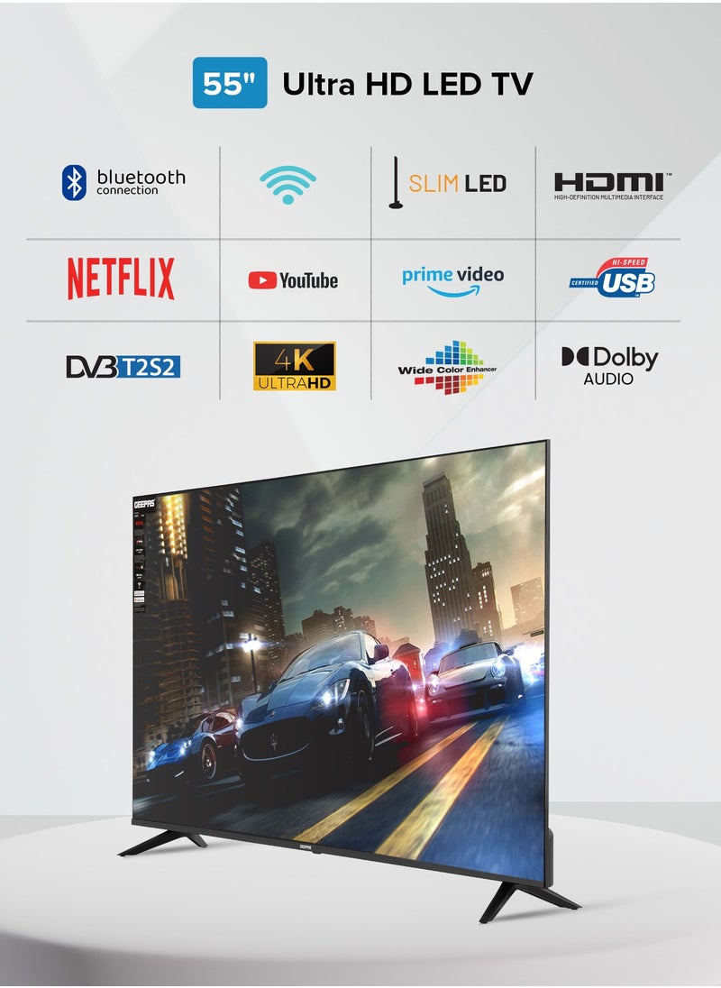 GEEPAS - 55" Ultra HD Smart LED TV with Remote Control, WebOS Powered, 4K Resolution, Frameless Design, HQ Sound /Support Wi-Fi, Android, Multiple HDMI & USB Ports, Voice Control Compatible, / Smart Features with Netflix, Prime Video, and More, Dolby Audio - Image 1