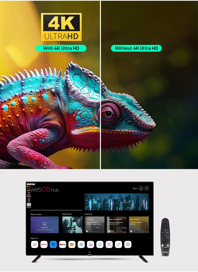 GEEPAS - 55" Ultra HD Smart LED TV with Remote Control, WebOS Powered, 4K Resolution, Frameless Design, HQ Sound /Support Wi-Fi, Android, Multiple HDMI & USB Ports, Voice Control Compatible, / Smart Features with Netflix, Prime Video, and More, Dolby Audio - Image 1