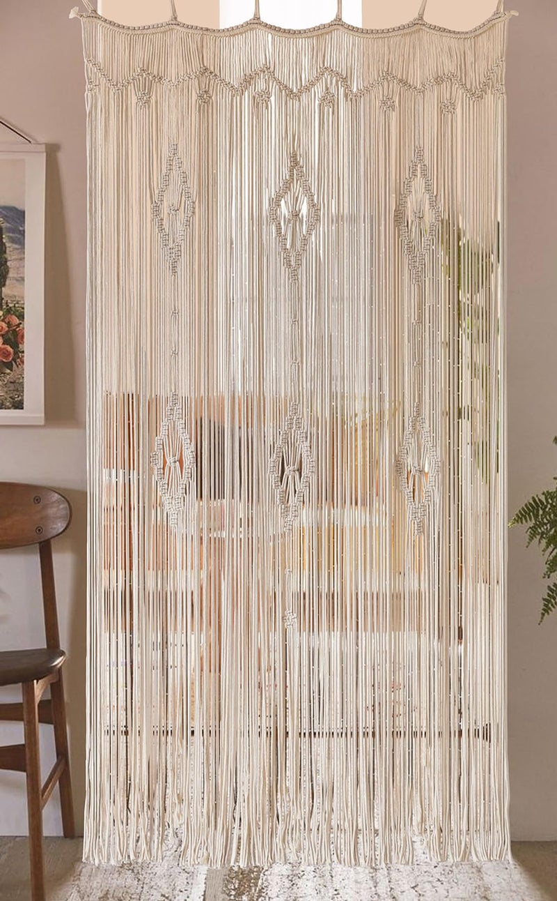IOWER Macrame Curtain Long Cotton Window Panel Boho Curtains for Bedroom Wedding Backdrop Room Divider Doorway Closet Apartment 35''W x 70''L - Image 3