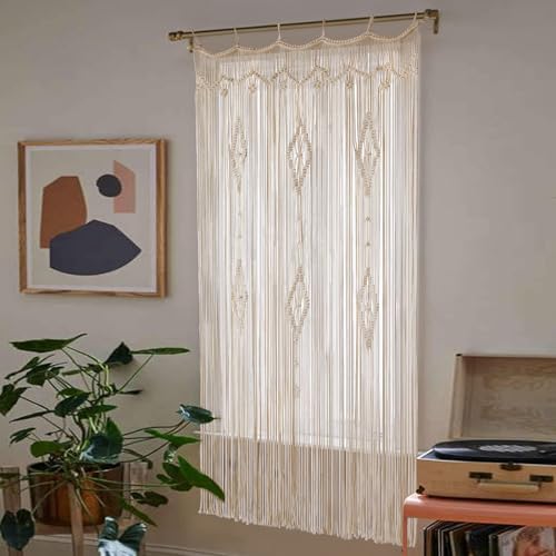 IOWER Macrame Curtain Long Cotton Window Panel Boho Curtains for Bedroom Wedding Backdrop Room Divider Doorway Closet Apartment 35''W x 70''L - Image 2