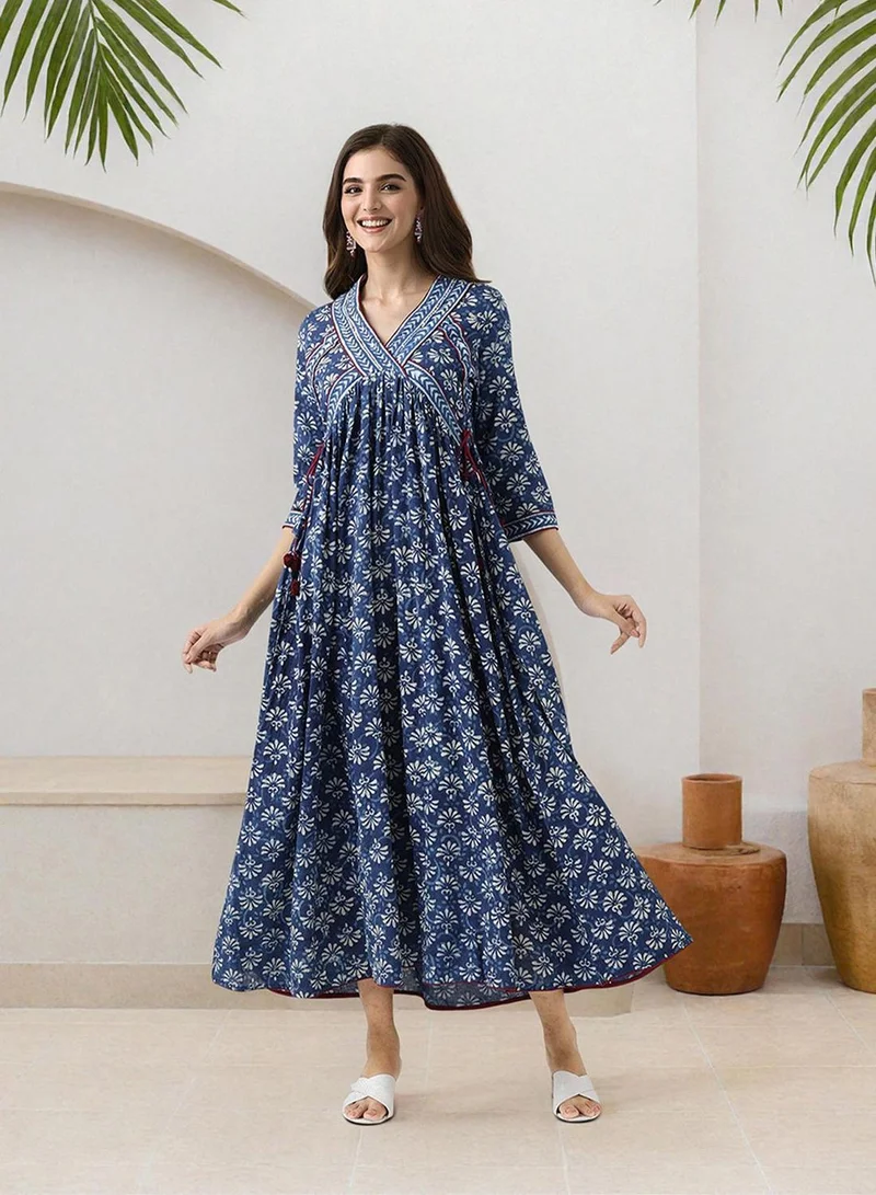 ISHIN  Women's Indigo 100% Cotton Embellished Midi Smock Straight Fit Dress for Women | Best Price UAE