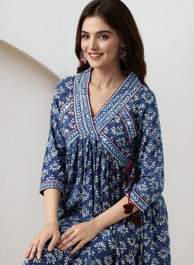 ISHIN  Women's Indigo 100% Cotton Embellished Midi Smock Straight Fit Dress for Women | Best Price UAE