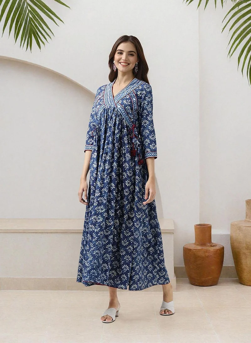 ISHIN  Women's Indigo 100% Cotton Embellished Midi Smock Straight Fit Dress for Women | Best Price UAE