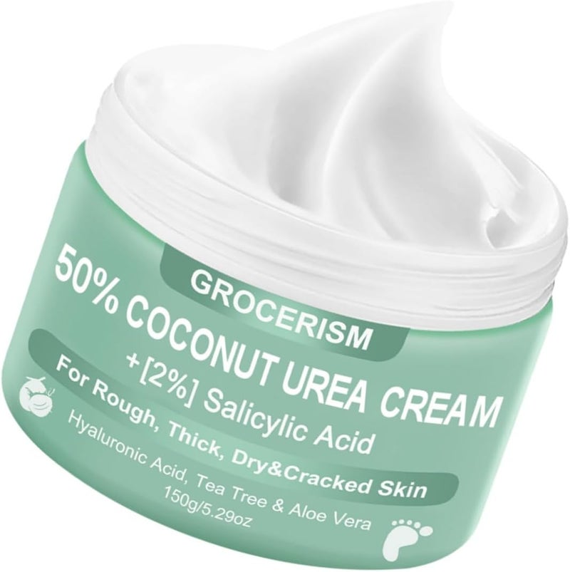 Urea Cream 50 Percent for Feet with Coconut 529 oz Foot Hand Cream Maximum Strength with 2 Salicylic Acid Tea Tree and Aloe Vera for Deep Moisturizing and Callus Removing