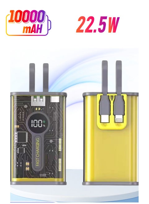 "Transparent Power Bank P108 - 10000mAh, Ultra-Fast Charging 22.5W/PD20W, Digital LED Display, LED Light Yellow