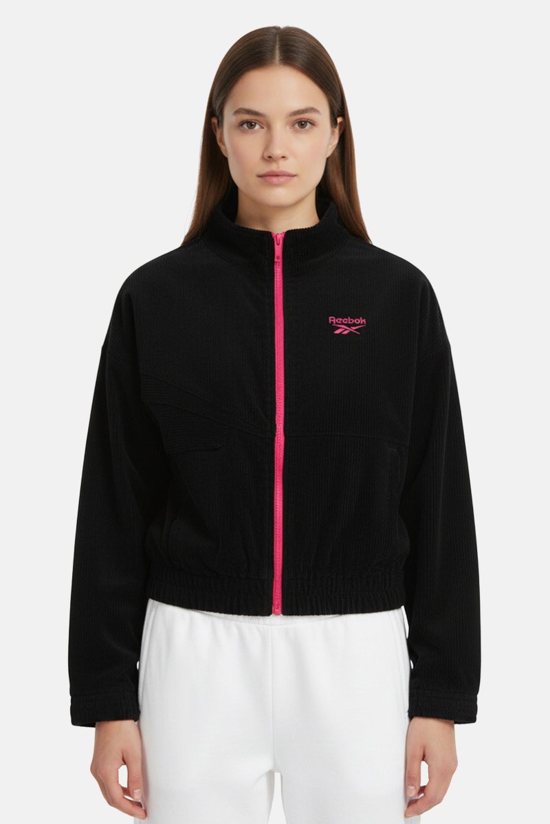 Reebok جاكيت خارجي طويل الأكمام للنساء، رياضي، أسود - Image 1