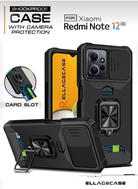 Impact-Resistant Case with Card Slot, Stand & Solid Camera Protection for Xiaomi Redmi Note 12 4G – Includes Hidden Metal Plate