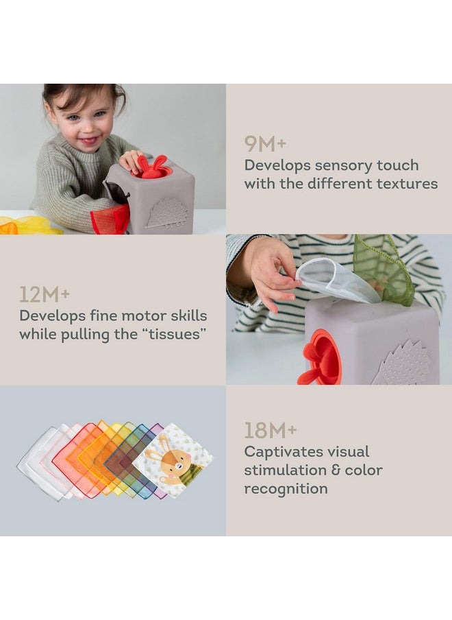 Taf Toys Taf Toys Baby Tissue Box Montessori Toys for Babies - Sensory & Motor Skills Development Silicone Toy with 10 Fabric Tissues, Pop-Up Bunny, Toys for 1 Year Old Boy Girl Preschool Toy  - Image 4