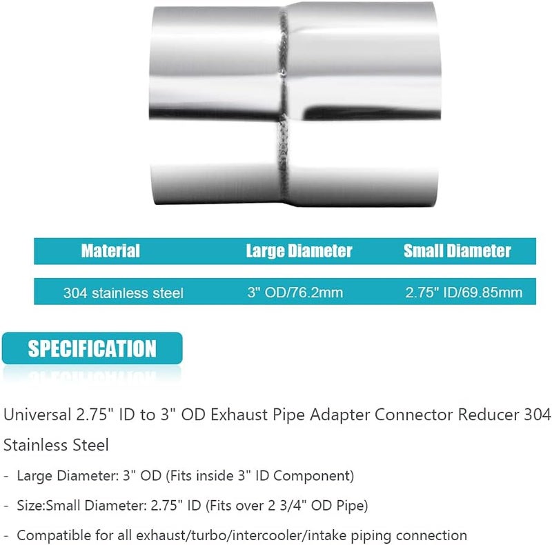A ABIGAIL 2 PCS Universal 2.75" ID to 3" OD Exhaust Pipe Adapter Connector Reducer 304 Stainless Steel 2.75 Inch to 3 Inch 2 3/4” ID to 3” OD kit - Image 3