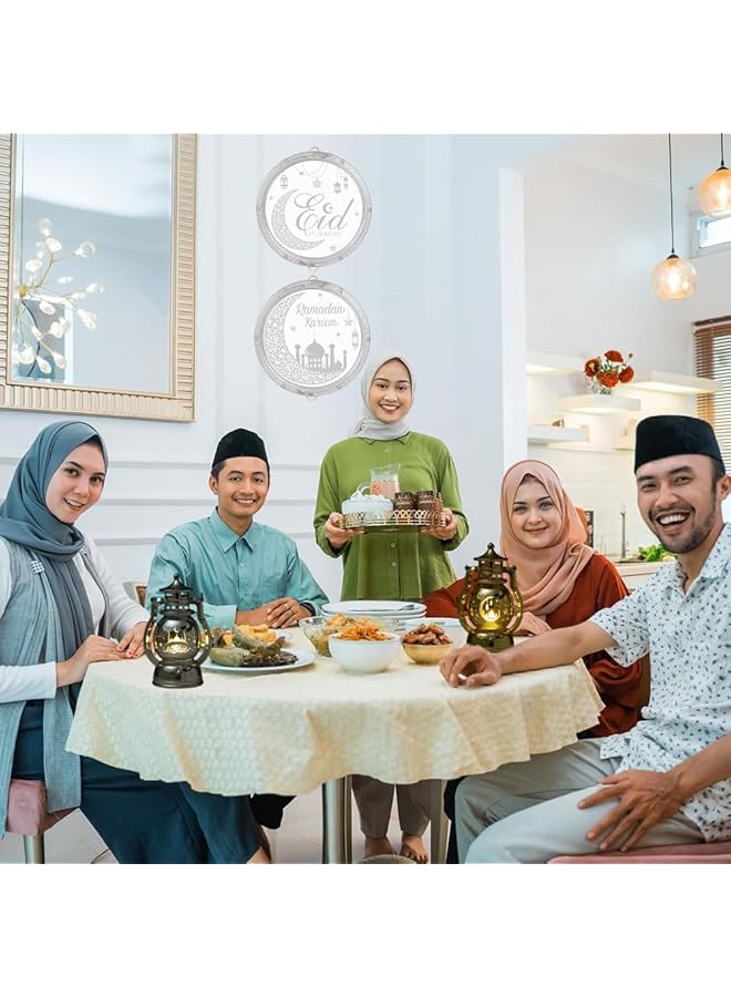 إيروريكس ديكور فانوس الشموع الرمضاني، أضواء طاولة LED لعيد الفطر، زخارف على شكل قمر، أنماط منحوتة، فانوس معلق، رمضان كريم، مصباح رياح للمنزل، ديكور حفلات التخييم، فضي ب - Image 4