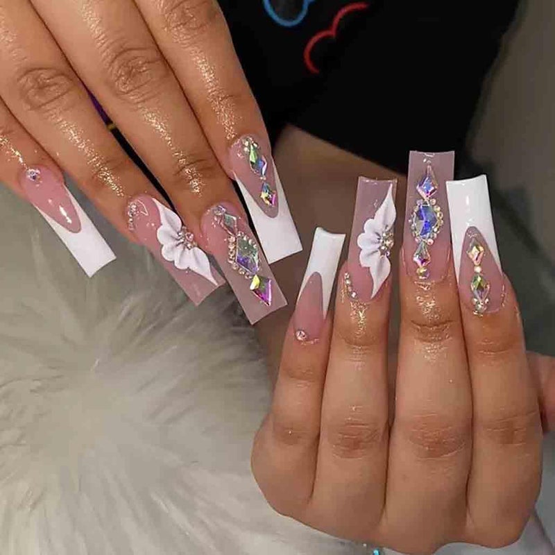 Foccna White Press on Nails Artificail Extra Long, French Square Fake Nails, Crystal Flowers Nails Acrylic Full Cover Long Fake Nails with Design Nail Tips for Women&Girls-24PCS - Image 1