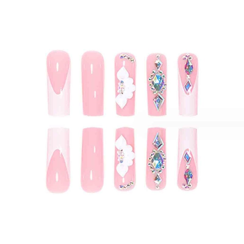 Foccna White Press on Nails Artificail Extra Long, French Square Fake Nails, Crystal Flowers Nails Acrylic Full Cover Long Fake Nails with Design Nail Tips for Women&Girls-24PCS - Image 3