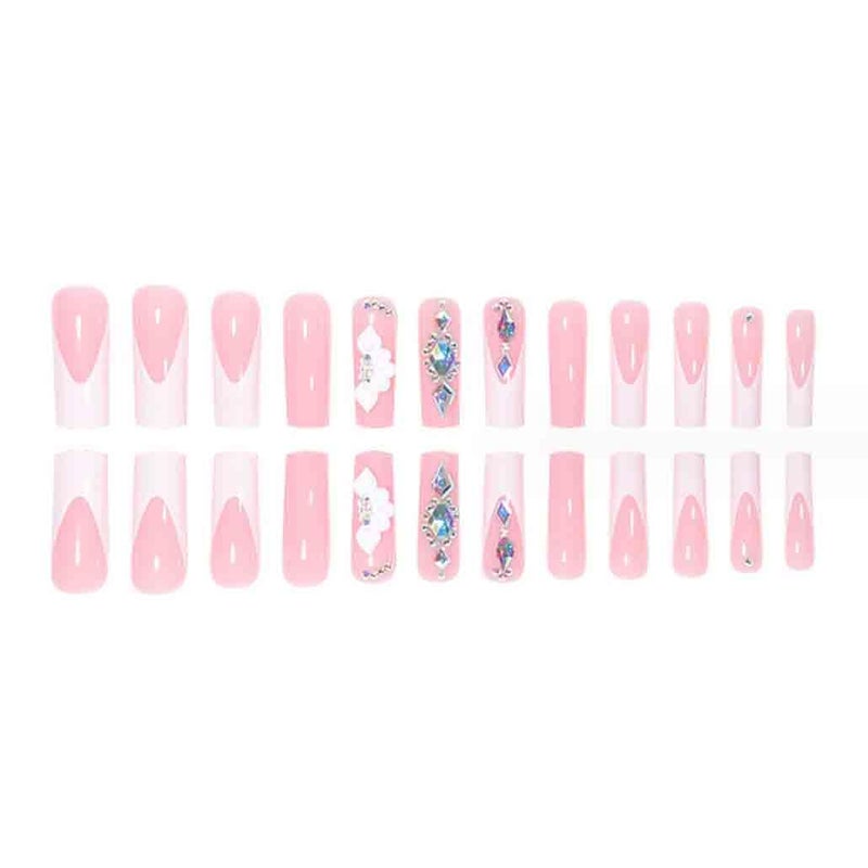 Foccna White Press on Nails Artificail Extra Long, French Square Fake Nails, Crystal Flowers Nails Acrylic Full Cover Long Fake Nails with Design Nail Tips for Women&Girls-24PCS - Image 2