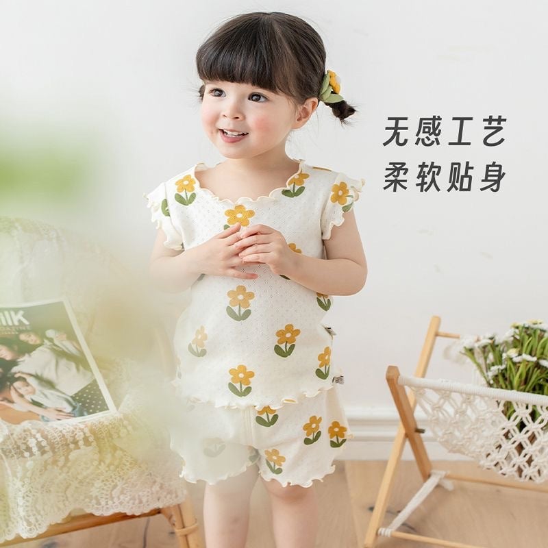 Girls Pajamas Summer Lightweight Printed Dolly Childrens Short-sleeved Shorts Home Clothes Baby Girls Thin Breathable Air-conditioning Clothes Rice bottom flower [suit]] 