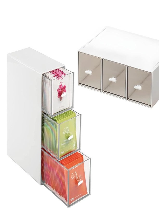 LZDGCC Plastic Tea Bag Organizer with 3 Drawers, Desk Drawer Organizer, Stackable Storage Drawers, White Tea Box, Makeup Organizer, Clear Tea Bag Storage, Coffee Storage for Tea Bags, Sugar Packets, Cosmetic - Image 1