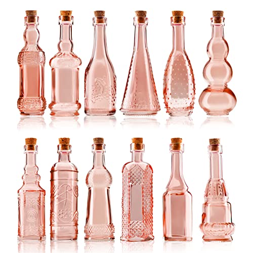 BULK PARADISE Small MIni Reddish Vintage Glass Bottles with Corks, MIni Vases, Decorative, Potion, Assorted Design Set of 12 pcs, 4.6 Inch Tall (11.43cm), 1.4 Inch Wide (3.56cm) - Image 1