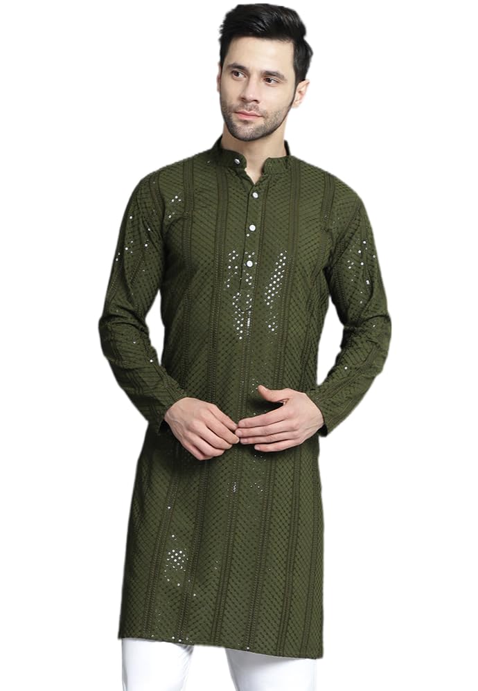 Jompers Men's Sequins Chikankari Embroidered Kurtas (Mehndi, M) - Image 1
