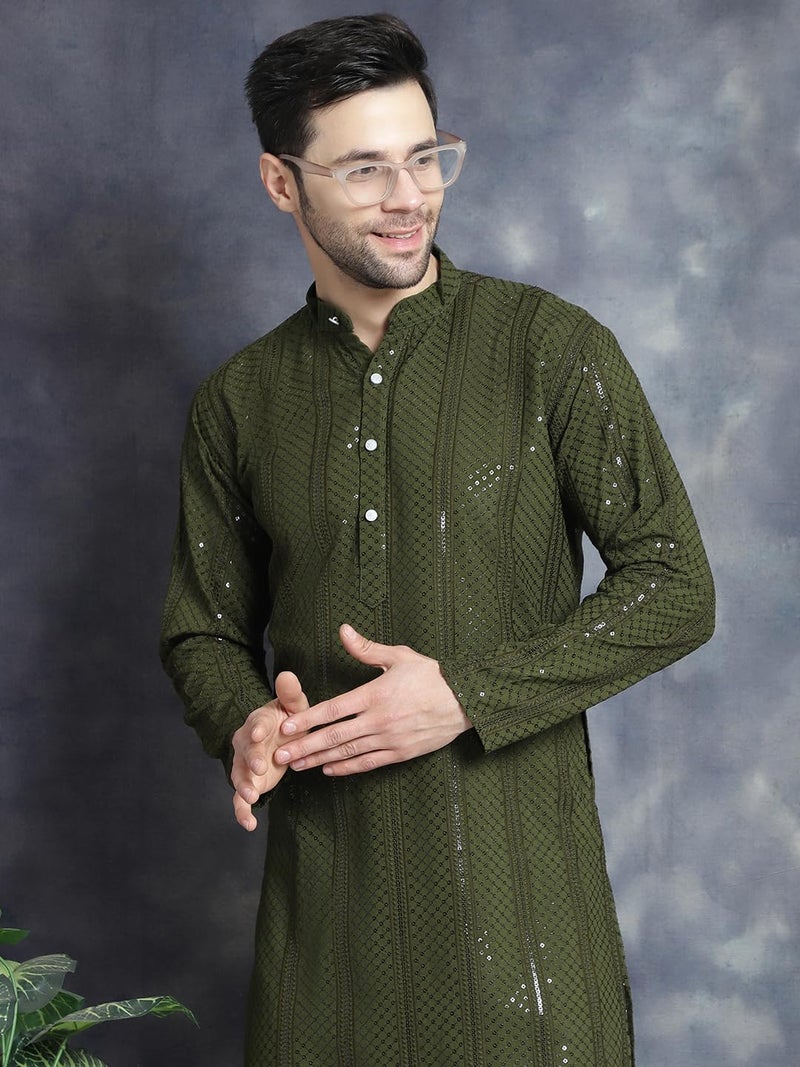 Jompers Men's Sequins Chikankari Embroidered Kurtas (Mehndi, M) - Image 5