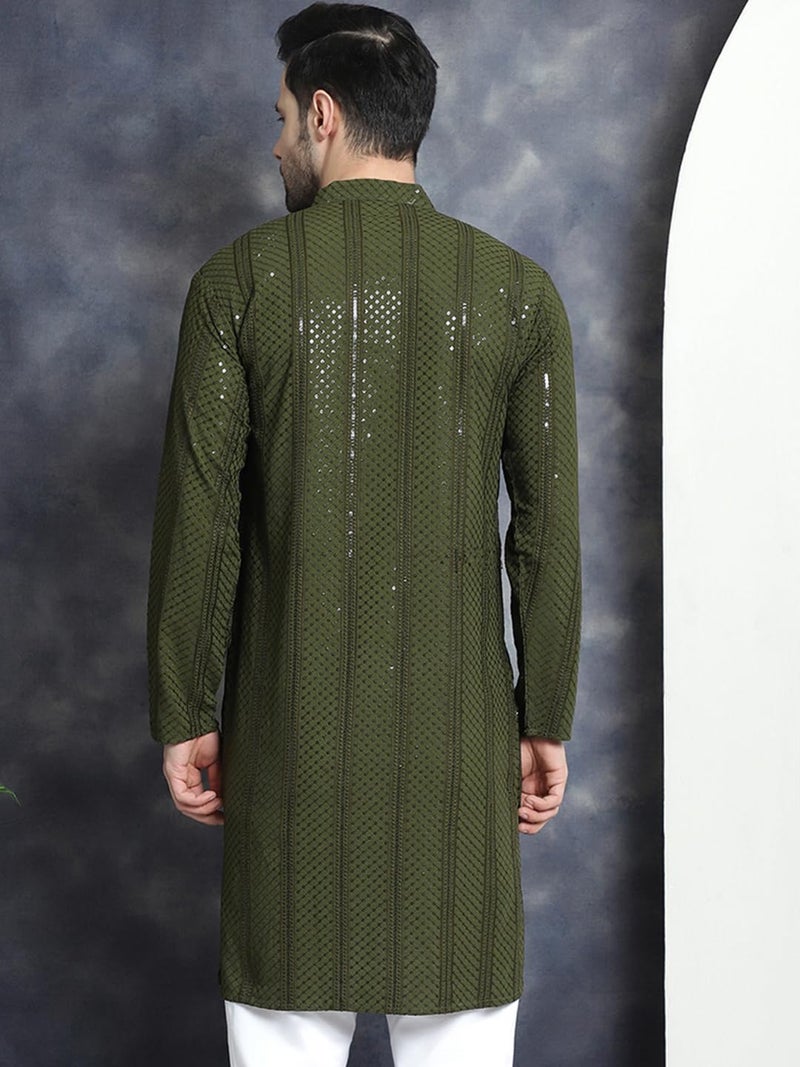 Jompers Men's Sequins Chikankari Embroidered Kurtas (Mehndi, M) - Image 2