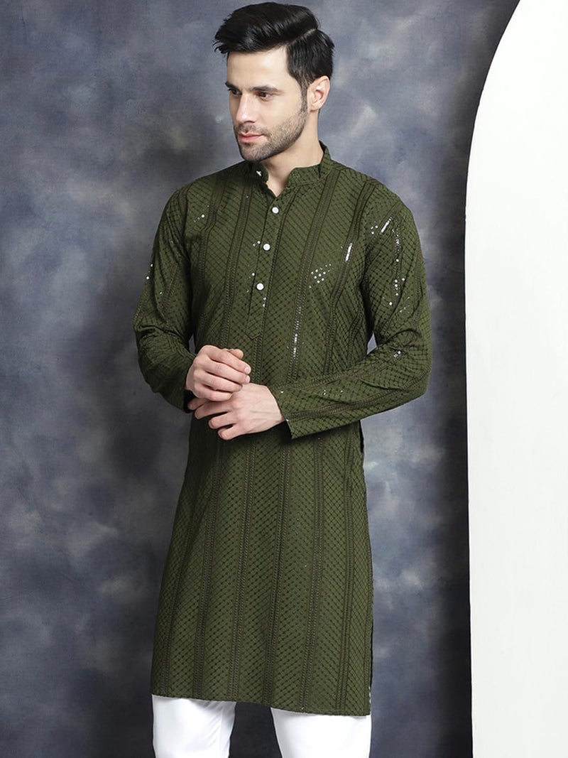 Jompers Men's Sequins Chikankari Embroidered Kurtas (Mehndi, M) - Image 3