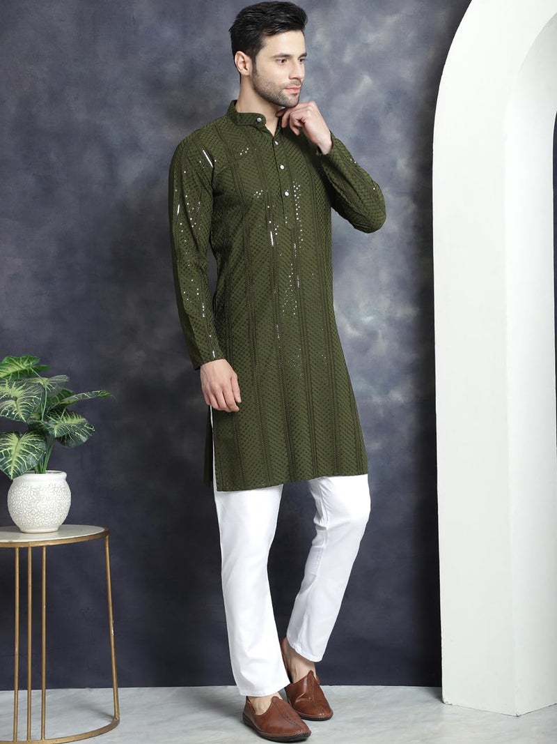 Jompers Men's Sequins Chikankari Embroidered Kurtas (Mehndi, M) - Image 4