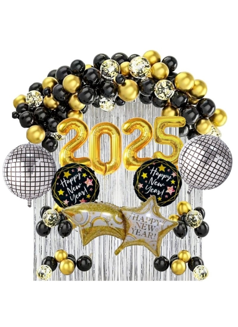 Boxwoods 91 PCS Black Golden Foil Chrome And Confetti Balloons With Silver Foil Curtain Backdrop Happy New Year 2025 Party Décor Set  - Image 1